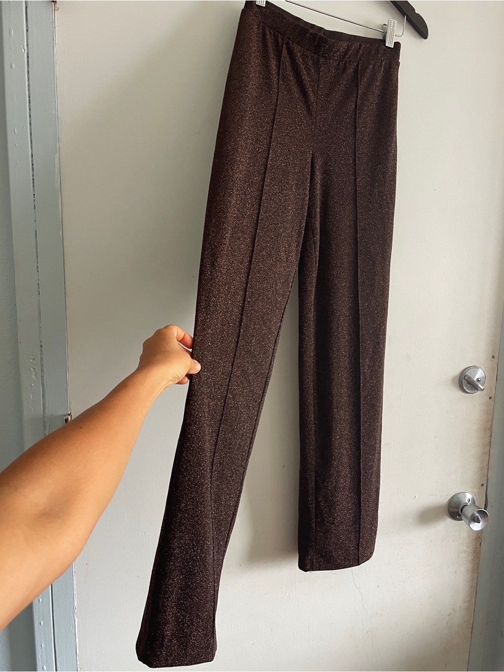 H&M Brown Sparkle Wide Straight-Leg Pants in Dark Brown Glitter 2 0 XS